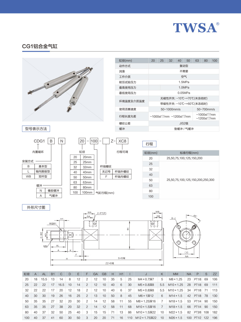 SMC款铝合金轻型气缸CG1BN